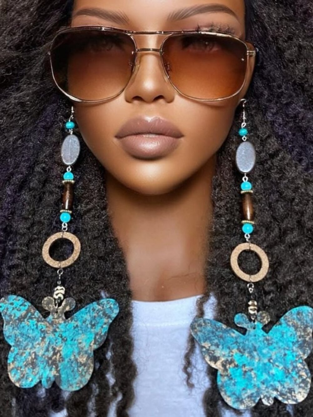 Elongated Dangle Earrings Wooden Butterflies Aqua Multi by Razonda Lee
